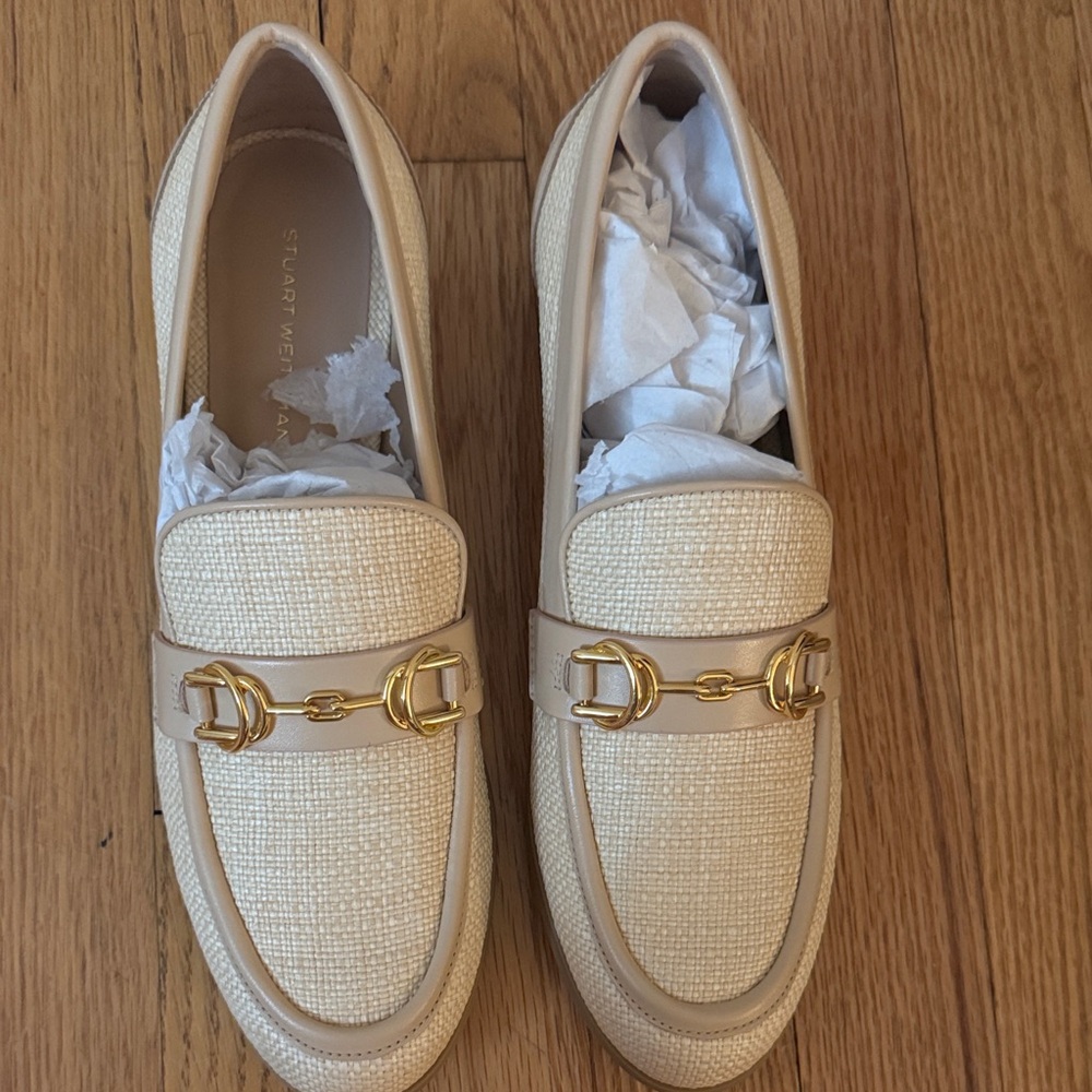 Stuart Weitzman Beige Loafers with Gold Detailing Brand New